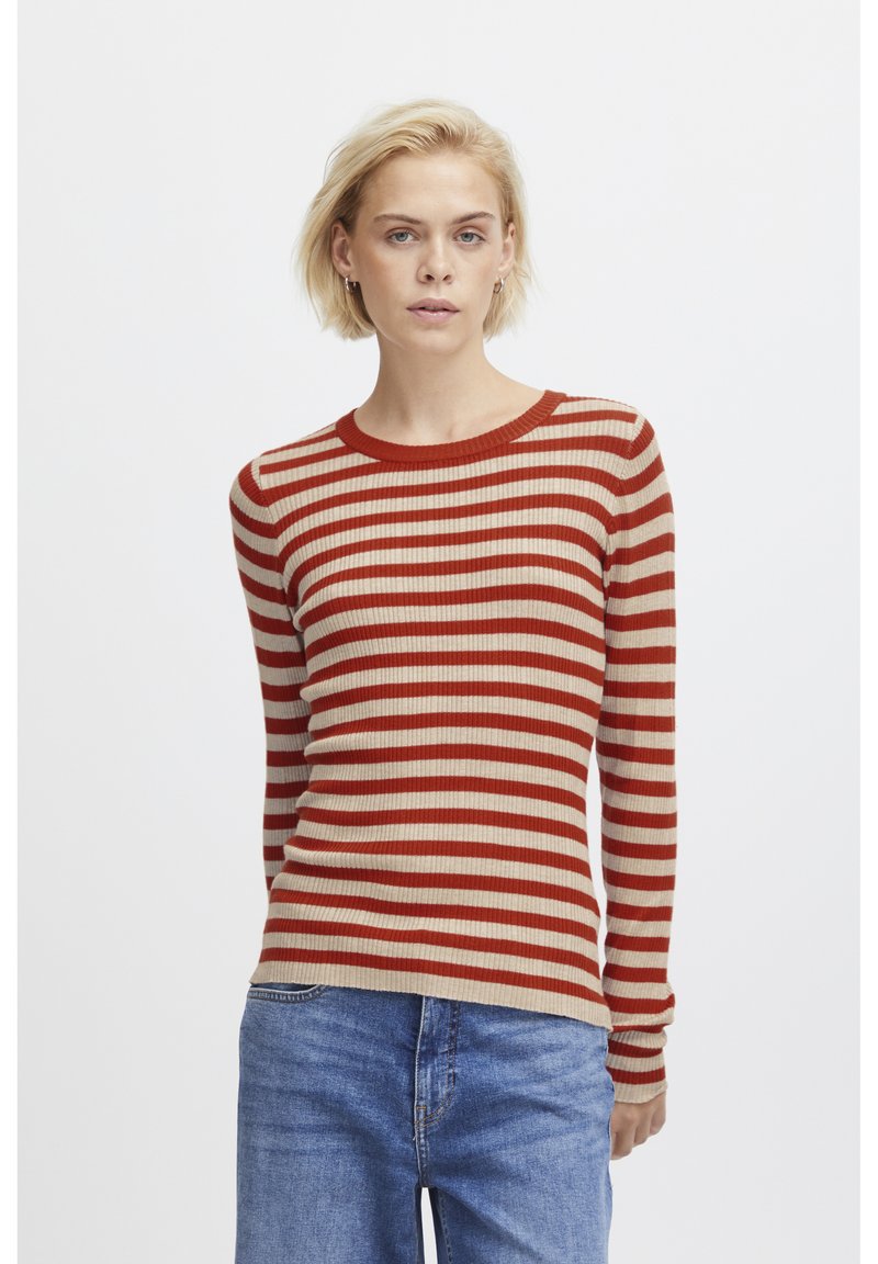 Gestreifter Langarmpullover mit horizontalen Streifen in Rot und Beige. Klassischer Rundhalsausschnitt mit taillierter Passform. Weicher Stoff.
