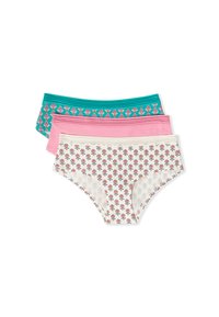 Tre paia di mutande hipster da donna in teal con motivo a foglie rosa, rosa solido e bianco con piccole stampe floreali, impilate su uno sfondo bianco.