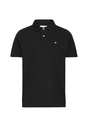 Black polo shirt with short sleeves, two-button placket, and embroidered logo on the left chest. Made from textured cotton fabric.
