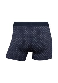 Navy blue boxer briefs with a small geometric pattern, featuring a soft, elastic waistband embossed with "jbs." The fabric has a smooth texture.