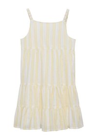 White dress with yellow vertical stripes, featuring thin straps and a tiered ruffled hem. Made of lightweight fabric with a smooth texture.