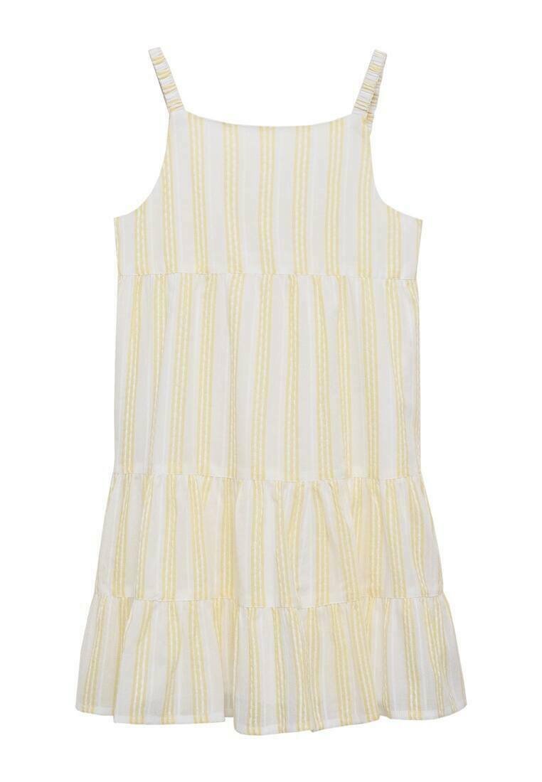 White dress with yellow vertical stripes, featuring thin straps and a tiered ruffled hem. Made of lightweight fabric with a smooth texture.