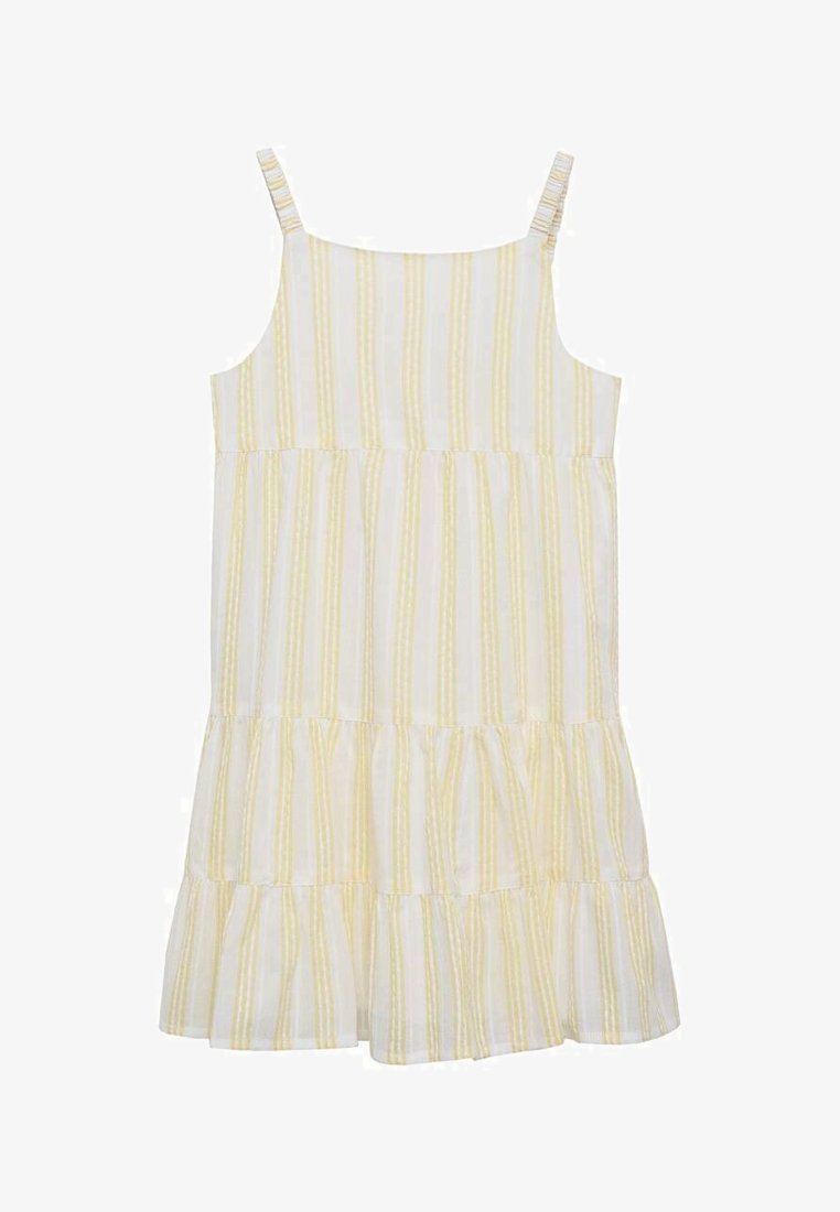 White dress with yellow vertical stripes, featuring thin straps and a tiered ruffled hem. Made of lightweight fabric with a smooth texture.