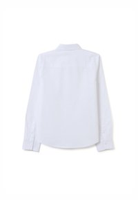 Witte lange mouwen shirt, knoopsluiting, kraag, rondlopende zoom, zachte katoenen stof, met knopen op de manchetten en achterkant van de schouder.