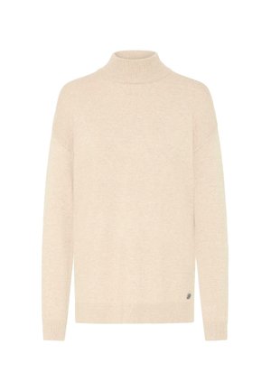 Pull en col roulé beige clair en maille douce. Présente des manches longues, une coupe décontractée, et un petit logo en accent au bas.