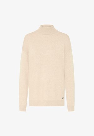 Pull en col roulé beige clair en maille douce. Présente des manches longues, une coupe décontractée, et un petit logo en accent au bas.