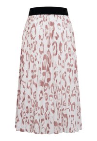 Valkoinen laskostettu hame, jossa on pölyisen vaaleanpunainen leopardikuvio ja yksivärinen musta vyötärönauha.