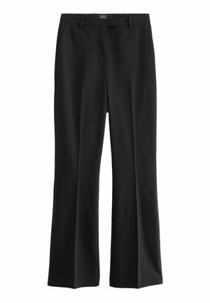 Zwarte brede broek van lichtgewicht stof, met een gladde textuur, een middelhoge taille en voorzakken. Eenvoudig ontwerp zonder patronen.