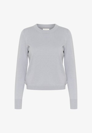 Pullover in maglia grigia chiara con scollatura rotonda, maniche lunghe e polsini e orlo a coste. Tessuto morbido, design aderente.