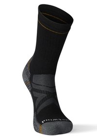 Chaussette à motifs noirs et gris avec texture côtelée, bout et talon renforcés. Présente un accent orange au niveau du revers pour une touche de détail supplémentaire.