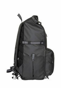 Black backpack with a waterproof exterior, padded mesh back, adjustable straps, and multiple compartments, including a side zip pocket.