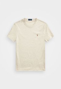 Béžové tričko s krátkým rukávem a kulatým výstřihem vyrobené z bavlny, s malým vyšívaným logem Polo Ralph Lauren na levé hrudi.