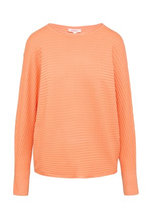 Koralen oranžna dolga majica s trokrobnim izrezom in rebrasto teksturo. Sprostljen kroj z ravnim robom in robnimi manšetami.