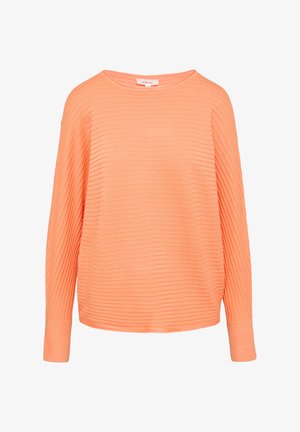 Koralen oranžna dolga majica s trokrobnim izrezom in rebrasto teksturo. Sprostljen kroj z ravnim robom in robnimi manšetami.