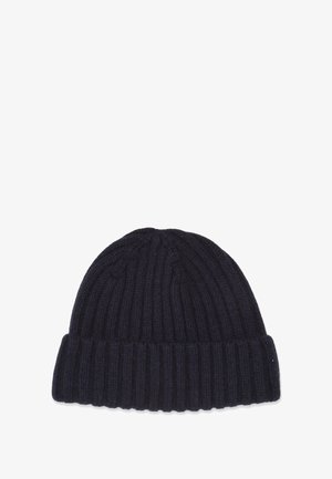 Marineblaue gerippte Strickmütze mit breitem umgeschlagenem Saum. Hergestellt aus weich material mit strukturiertem Aussehen, geeignet für kaltes Wetter.