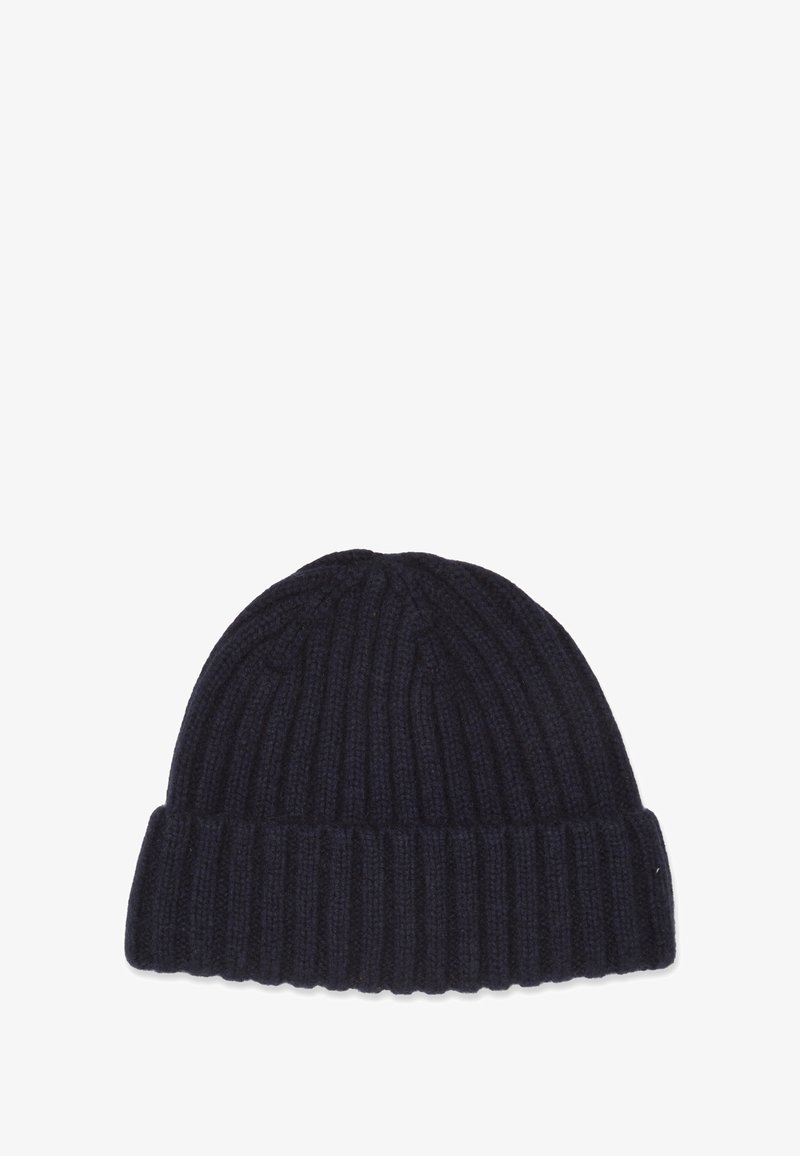 Berretto a maglia a coste di colore blu navy con un'ampia risvolto. Realizzato in materiale morbido con un aspetto testurizzato, adatto per il freddo.
