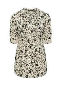 Blusa crema con stampa floreale nera, maniche corte, apertura frontale con bottoni e un dettaglio plissettato vicino al colletto.