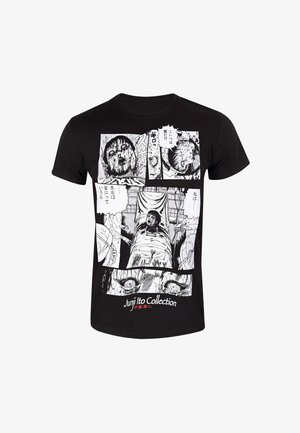 Zwart katoenen T-shirt met een grafische print van horror manga-panelen in wit en grijs, met de tekst "Junji Ito Collection" onderaan.