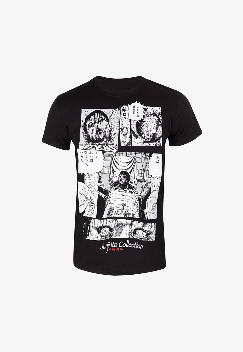 Czarna bawełniana koszulka z graficznym nadrukiem paneli horror manga w bieli i szarości, z napisem "Junji Ito Collection" na dole.