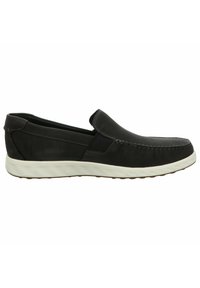Scarpe slip-on nere con tomaia testurizzata che presenta dettagli in rete, suola in gomma bianca e cuciture lungo il bordo superiore.