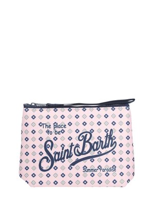 Astuccio rosa con cerniera, motivo floreale blu e bianco, grande scritta Saint Barth e frasi “The place to be” e “Summer Paradise.”