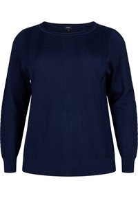 Mörkblå stickad tröja med fiskbensmönster, rund halsringning och långa ärmar. Ribbstickade ärmmuddar och nederkant ger struktur.