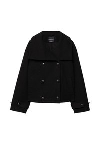 Giacca corta doppiopetto nera in lana, con grandi rever, due tasche anteriori e bottoni decorativi sulle maniche.