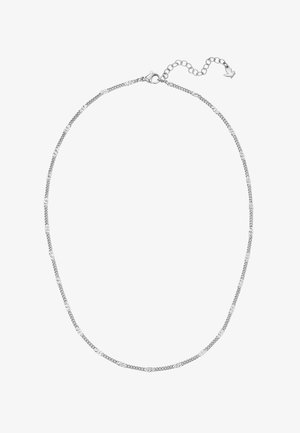 Silberne Kette mit kleinen Curb-Gliedern und einem Karabinerverschluss mit verstellbarer Verlängerungskette und einem herzförmigen Anhänger.