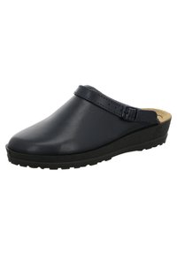 Marineblaue Lederclogs mit geschlossener Zehenpartie und einem rückenfreien Design. Sie verfügen über einen Riemen mit Schnallenakzent und einer strukturierten schwarzen Gummisohle.