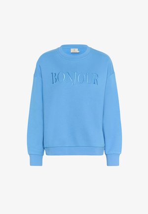 Modrá mikina vyrobená z bavlny, s rebrovanými manžetami a spodným lemom, s vyšitým nápisom "BONJOUR" v mierne tmavšej modrej farbe. Klasický dizajn s okrúhlym výstrihom.