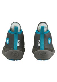 Gray shoes with a soft lining, featuring a blue accent on the heel tab and a logo. The sole is textured for grip and stability.