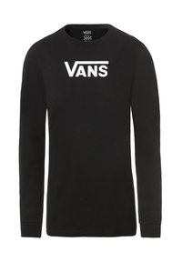 Mustapaita, jossa on pitkät hihnat ja valkoinen Vans-logo keskellä rintaa, pyöreä kaula-aukko ja kokolappu kauluksessa.