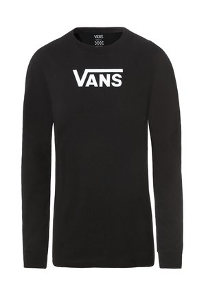 Black long-sleeve t-shirt featuring a white Vans logo centered on the chest, crew neckline, and size label inside the collar.
