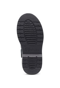 Zwarte rubberen zool met een getextureerd profiel, voorzien van richels en groeven voor grip. Logo gedrukt nabij de hak.