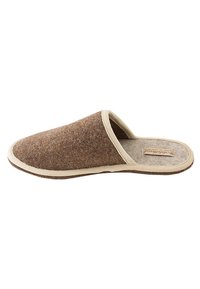 Brown felt slipper with light beige trim, open back design, soft texture, and a flat sole. Label on insole shows brand name.