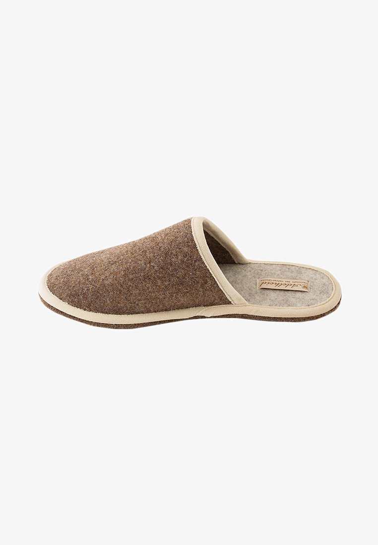 Brown felt slipper with light beige trim, open back design, soft texture, and a flat sole. Label on insole shows brand name.