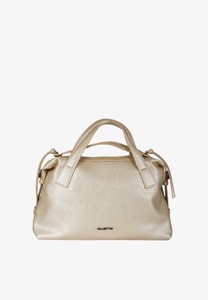 Borsa a mano in pelle dorata con superficie testurizzata, doppi manici e chiusura con zip. Presenta un logo sul davanti e lacci laterali regolabili.