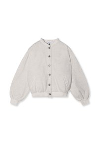 Veste décontractée gris clair avec des boutons-pression à l'avant, des poignets et un ourlet côtelés, un col rond et deux poches latérales.