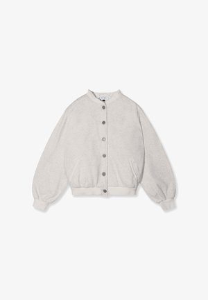 Veste décontractée gris clair avec des boutons-pression à l'avant, des poignets et un ourlet côtelés, un col rond et deux poches latérales.