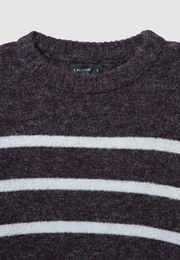 Bordeauxfarbener Strickpullover mit weißen horizontalen Streifen, ausgestattet mit einem gerippten Rundhalsausschnitt und weichem, strukturiertem Stoff. Das Etikett trägt die Aufschrift "CALLIOPE".