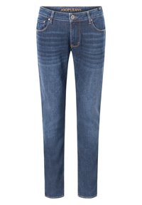 Mörkblå denimjeans med slim fit, med fem fickor, knappstängning och kontrasterande sömmar. Midjan pryds av "JOOPJEANS."