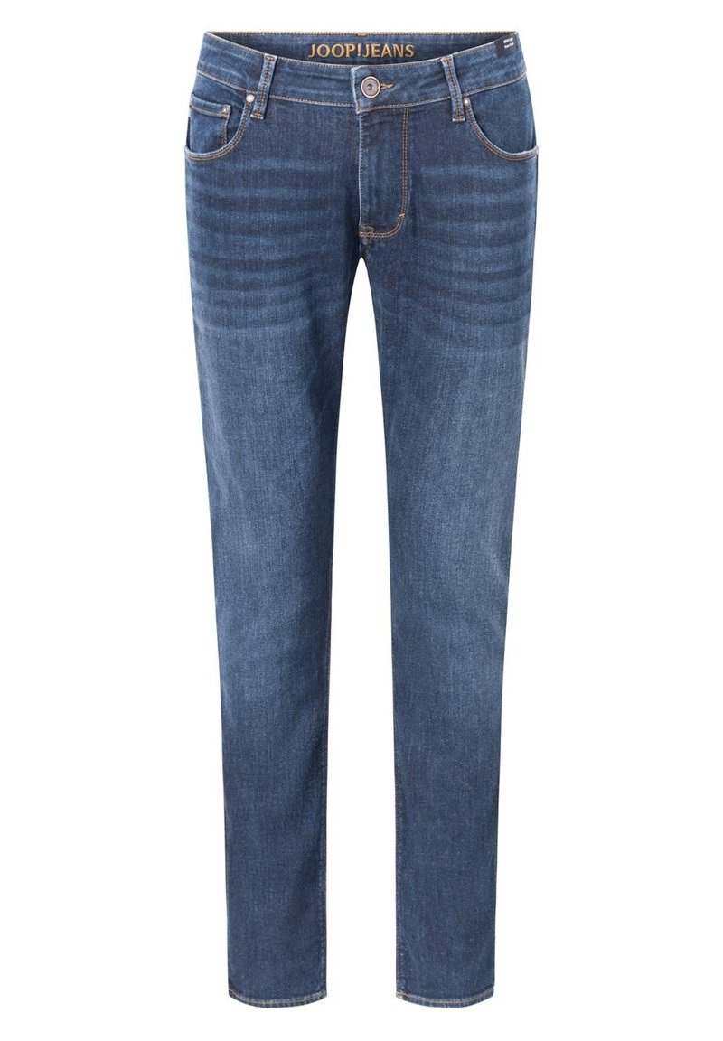 Mörkblå denimjeans med slim fit, med fem fickor, knappstängning och kontrasterande sömmar. Midjan pryds av "JOOPJEANS."