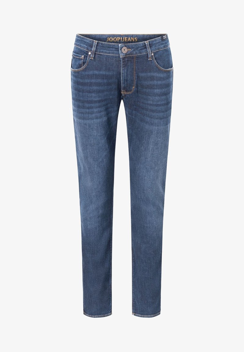 Tummansiniset farkut, joissa on slim fit -leikkaus, viisi taskua, nappikiinnitys ja kontrastivärinen ompelu. Vyötärön nauhassa on teksti "JOOPJEANS."