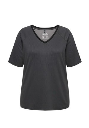 Schwarzes, kurzärmliges Sporthemd mit V-Ausschnitt, aus strukturiertem, atmungsaktivem Material und subtilen hexagonalen Mustern. Mit schnelltrocknenden Eigenschaften.