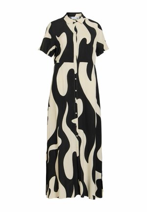 Zwart-wit abstract patroon, korte mouwen, maxi-jurk met knopen, kraag en rechte silhouet.