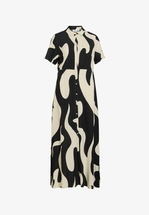 Zwart-wit abstract patroon, korte mouwen, maxi-jurk met knopen, kraag en rechte silhouet.