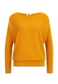 Bright yellow ribbed pullover sweater with a wide neckline, long sleeves, and a relaxed fit, featuring a subtle horizontal stripe pattern.