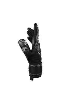 Schwarze Torwart-Handschuhe mit gepolsterten Fingern und verstellbarem Handgelenkband, das eine strukturierte Griffoberfläche und weiße Markenaufschrift auf der Rückhand zeigt.