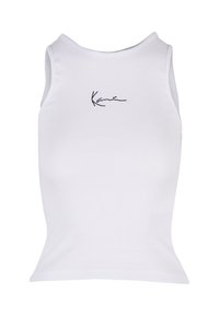 Débardeur blanc côtelé avec un col rond et un logo noir emblématique à l'avant. La coupe est ajustée et sans manches.