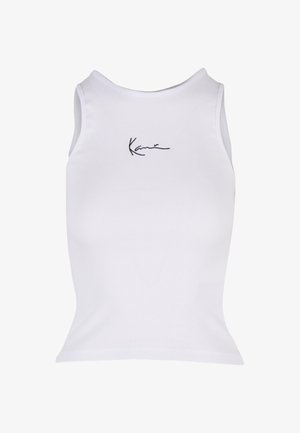 Bijela rebrasta majica bez rukava s округлим izrezom i crnim potpisom logotipa sprijeda. Dizajn je prilagođen tijelu.